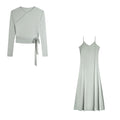 New Autumn Woman Long Sleeve Dress Suit Solid Color Tie With Bow Top And Milk Silk Knit Suspenders Dress Elegant Female Outwear