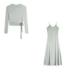 New Autumn Woman Long Sleeve Dress Suit Solid Color Tie With Bow Top And Milk Silk Knit Suspenders Dress Elegant Female Outwear