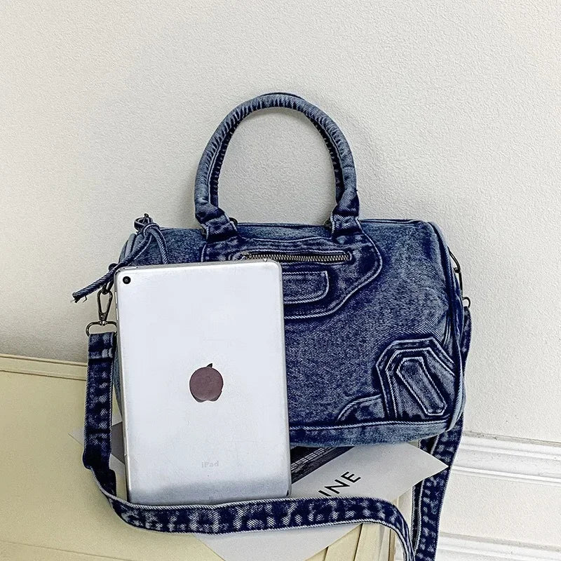 Luxury Designer City Tote Bag for Women Retro Washed Denim Cloth Splicing Fringed Shoulder Portable Messenger Bag Handbags