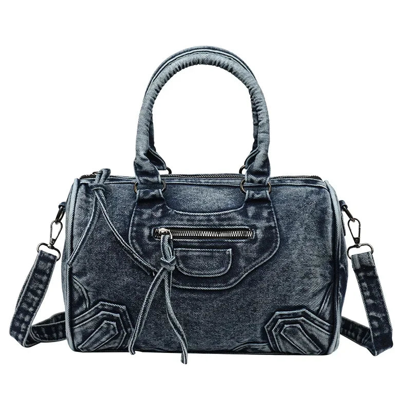 Luxury Designer City Tote Bag for Women Retro Washed Denim Cloth Splicing Fringed Shoulder Portable Messenger Bag Handbags