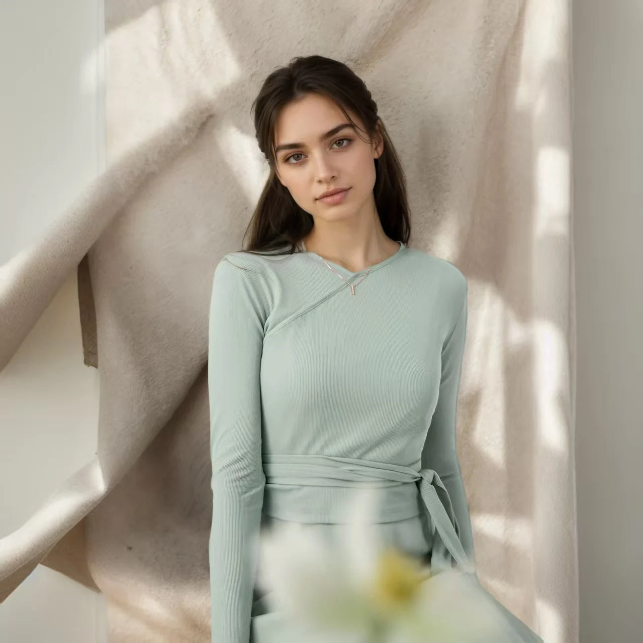 New Autumn Woman Long Sleeve Dress Suit Solid Color Tie With Bow Top And Milk Silk Knit Suspenders Dress Elegant Female Outwear
