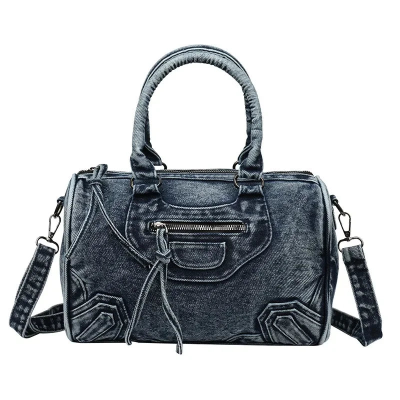 Luxury Designer City Tote Bag for Women Retro Washed Denim Cloth Splicing Fringed Shoulder Portable Messenger Bag Handbags
