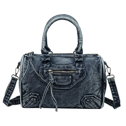 Luxury Designer City Tote Bag for Women Retro Washed Denim Cloth Splicing Fringed Shoulder Portable Messenger Bag Handbags