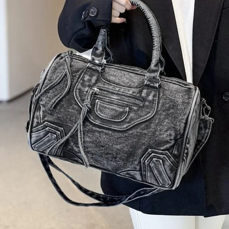 Luxury Designer City Tote Bag for Women Retro Washed Denim Cloth Splicing Fringed Shoulder Portable Messenger Bag Handbags