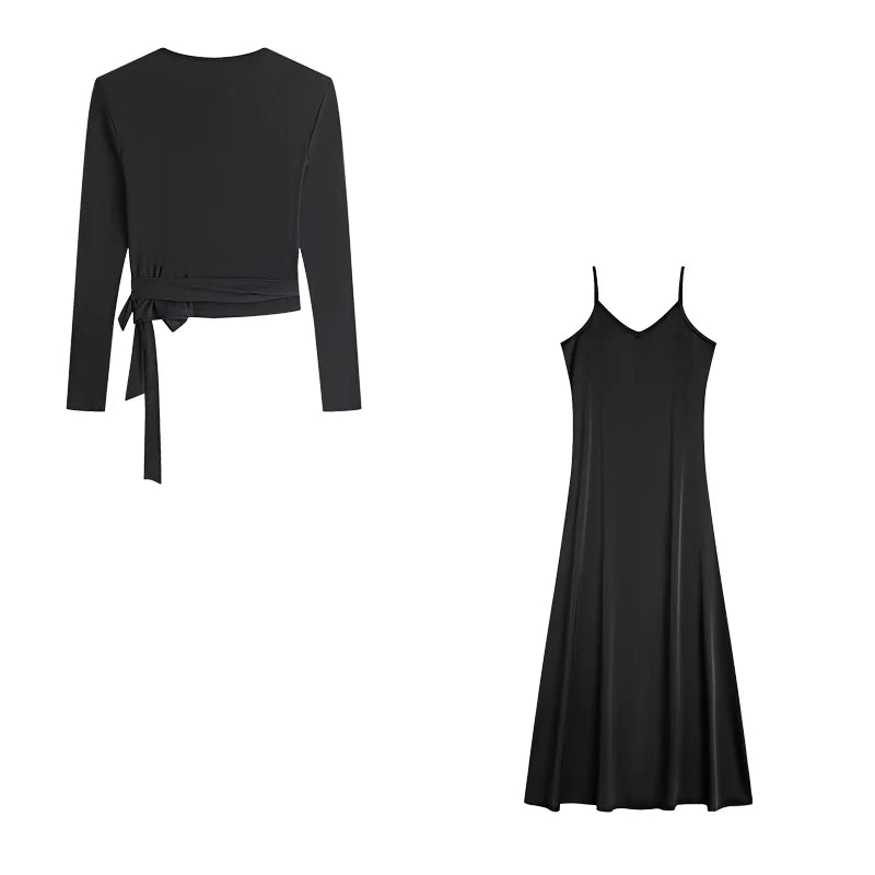 New Autumn Woman Long Sleeve Dress Suit Solid Color Tie With Bow Top And Milk Silk Knit Suspenders Dress Elegant Female Outwear