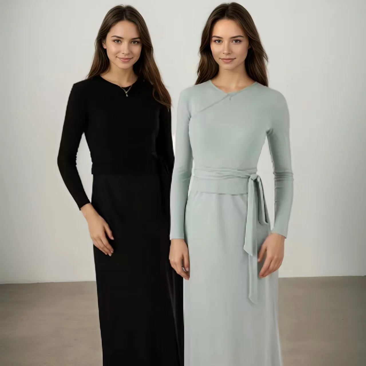 New Autumn Woman Long Sleeve Dress Suit Solid Color Tie With Bow Top And Milk Silk Knit Suspenders Dress Elegant Female Outwear