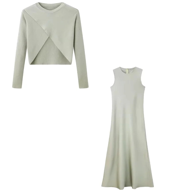 Summer Women Fashion Long Dress Elegance Soft Silk Satin Vest Dress Knitted Top Match Set Maxi Length Woman Chic Dress Set