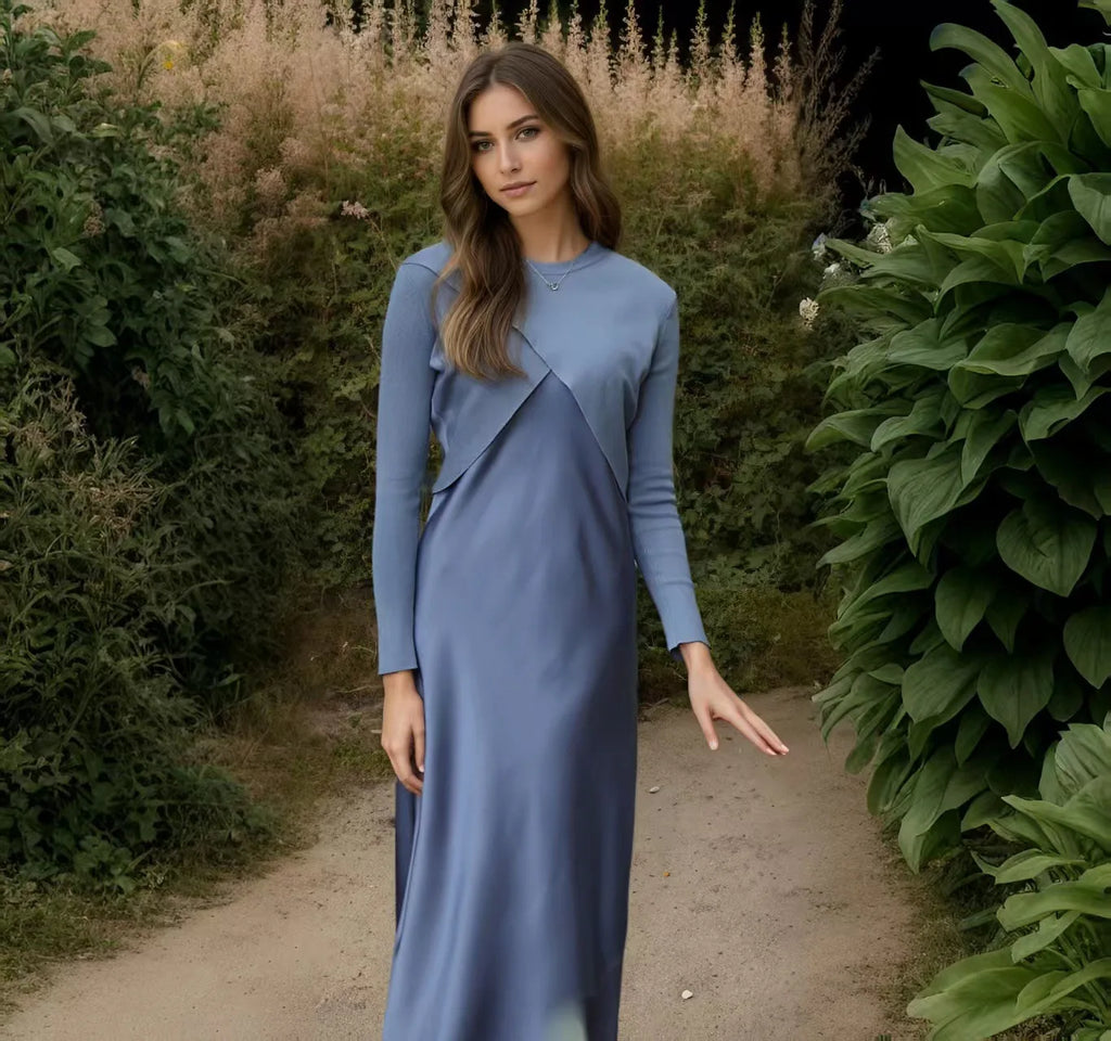 2025 New Summer Women Fashion Dress Set Elegance Satin Dress Knitted Top Match Set Maxi Floor Length Woman Casual Clothes