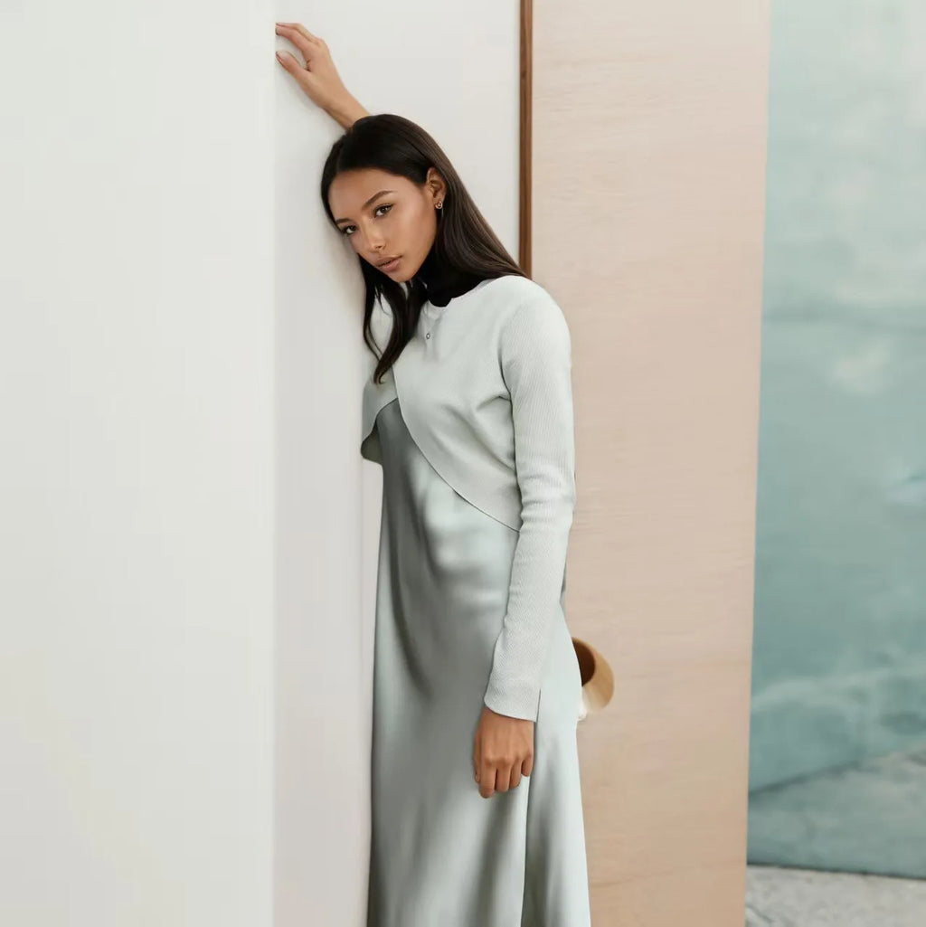 2025 New Summer Women Fashion Dress Set Elegance Satin Dress Knitted Top Match Set Maxi Floor Length Woman Casual Clothes
