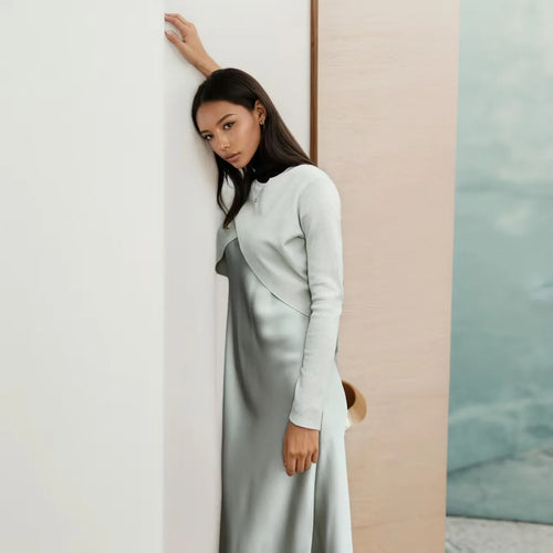 2025 New Summer Women Fashion Dress Set Elegance Satin Dress Knitted Top Match Set Maxi Floor Length Woman Casual Clothes