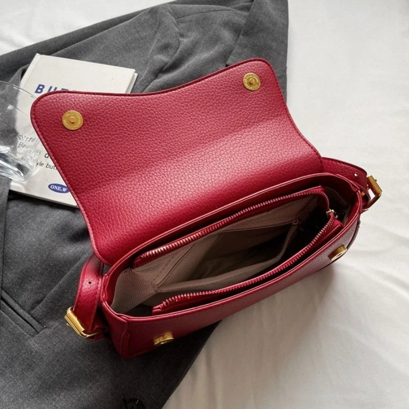 Vintage PU Leather Crossbody Bags For Women Red Lychee Pattern Flap Shoulder Bag Simple Fashion Satchels Handbags and Purses